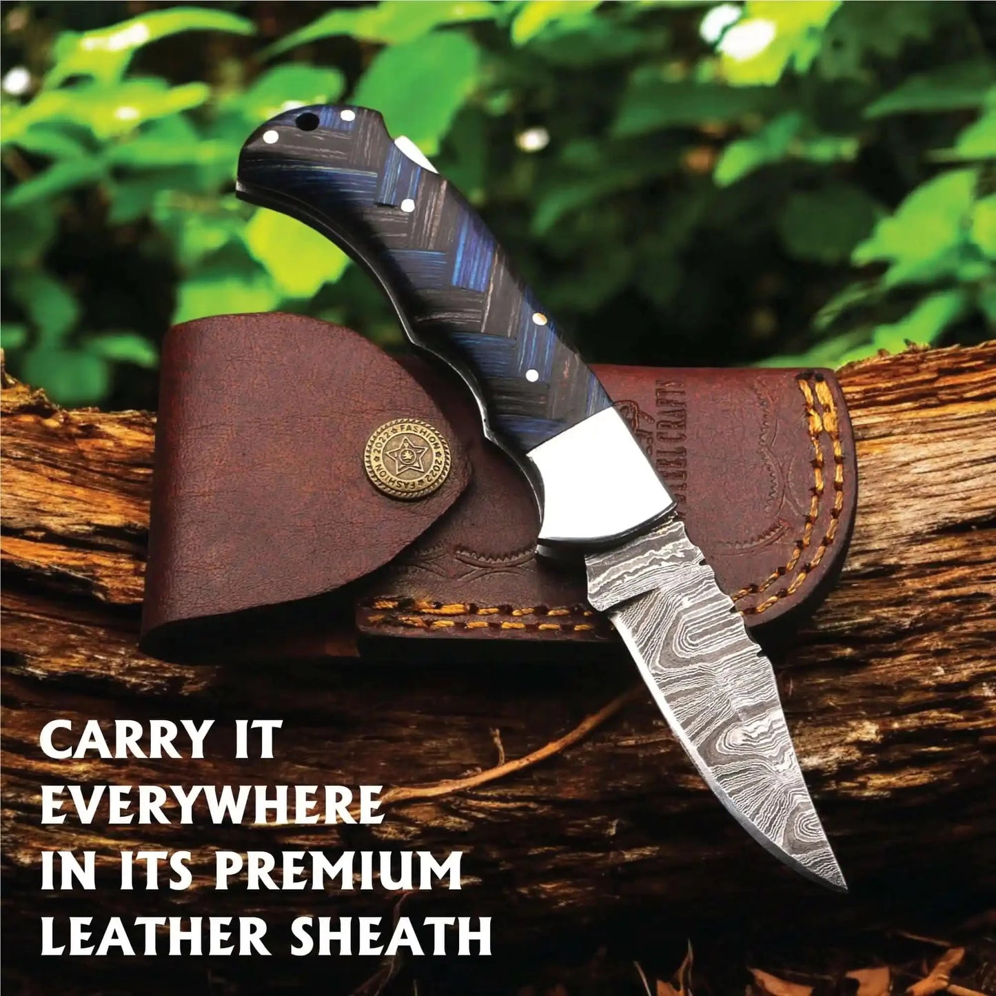 Handmade Damascus Folding Knife with Pakka Wood Handle & Leather Sheath