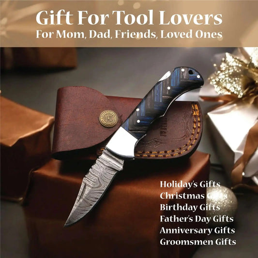 Handmade Damascus Folding Knife with Pakka Wood Handle & Leather Sheath