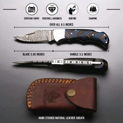 Handmade Damascus Folding Knife with Pakka Wood Handle & Leather Sheath