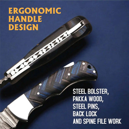 Handmade Damascus Folding Knife with Pakka Wood Handle & Leather Sheath