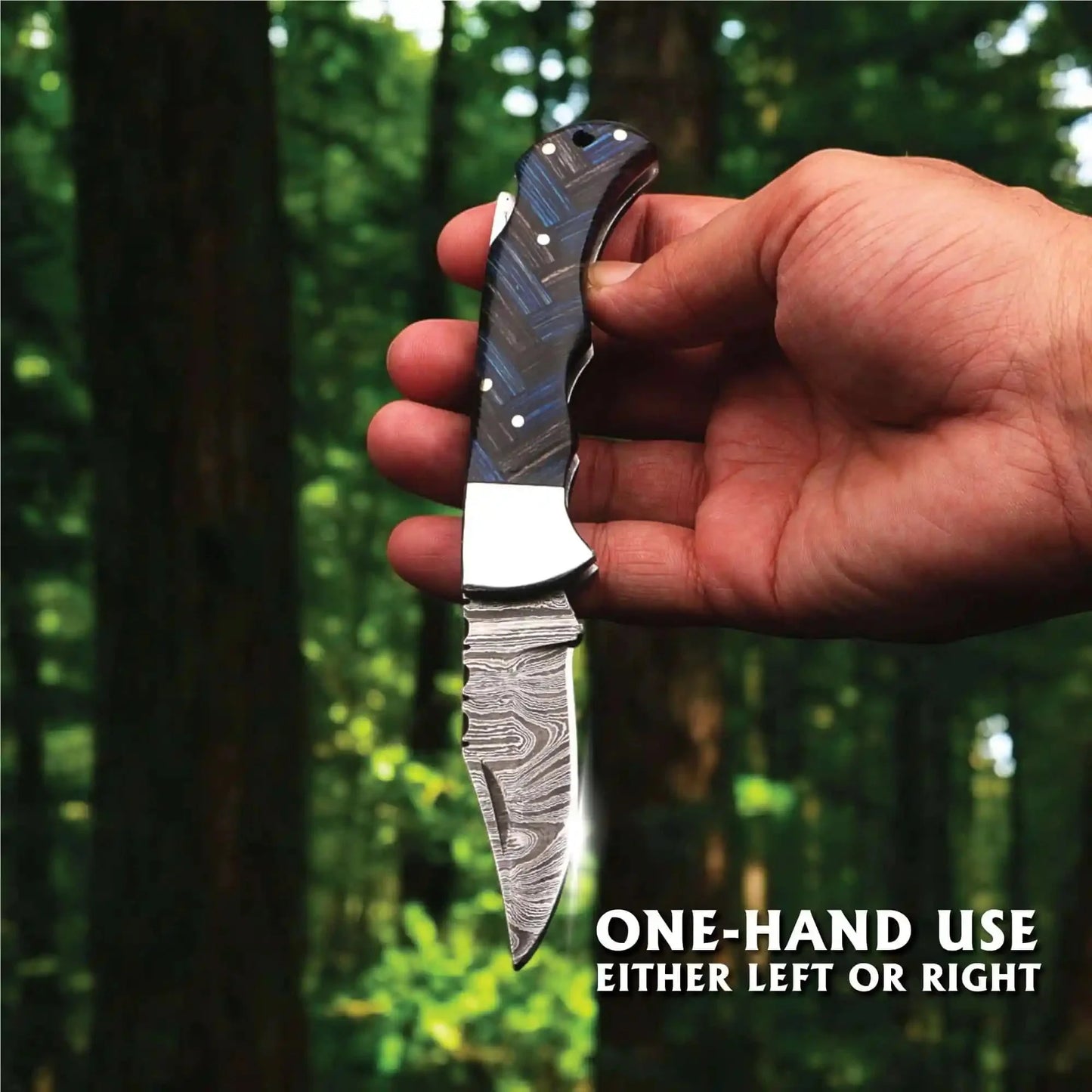 Handmade Damascus Folding Knife with Pakka Wood Handle & Leather Sheath