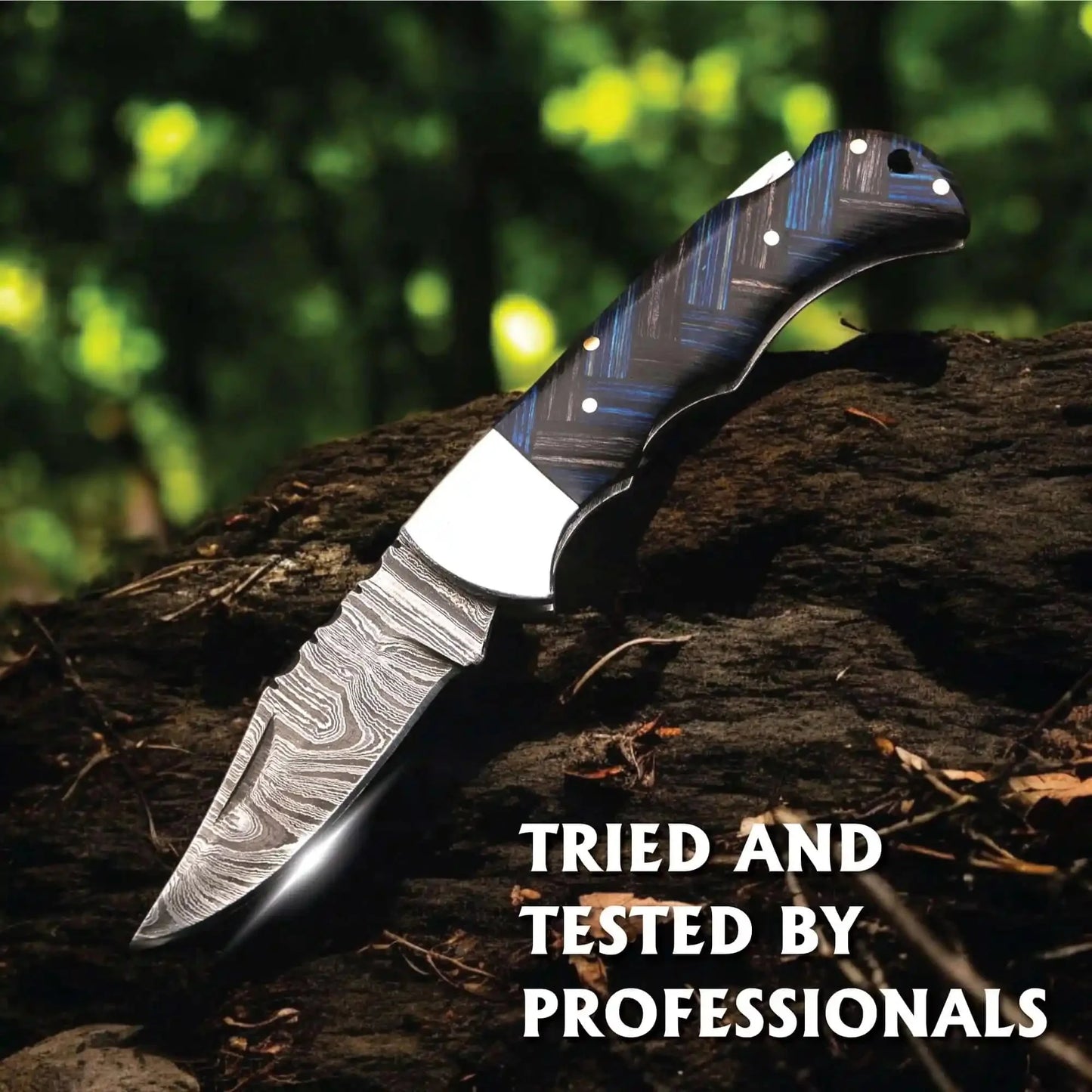 Handmade Damascus Folding Knife with Pakka Wood Handle & Leather Sheath