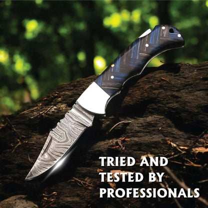 Handmade Damascus Folding Knife with Pakka Wood Handle & Leather Sheath