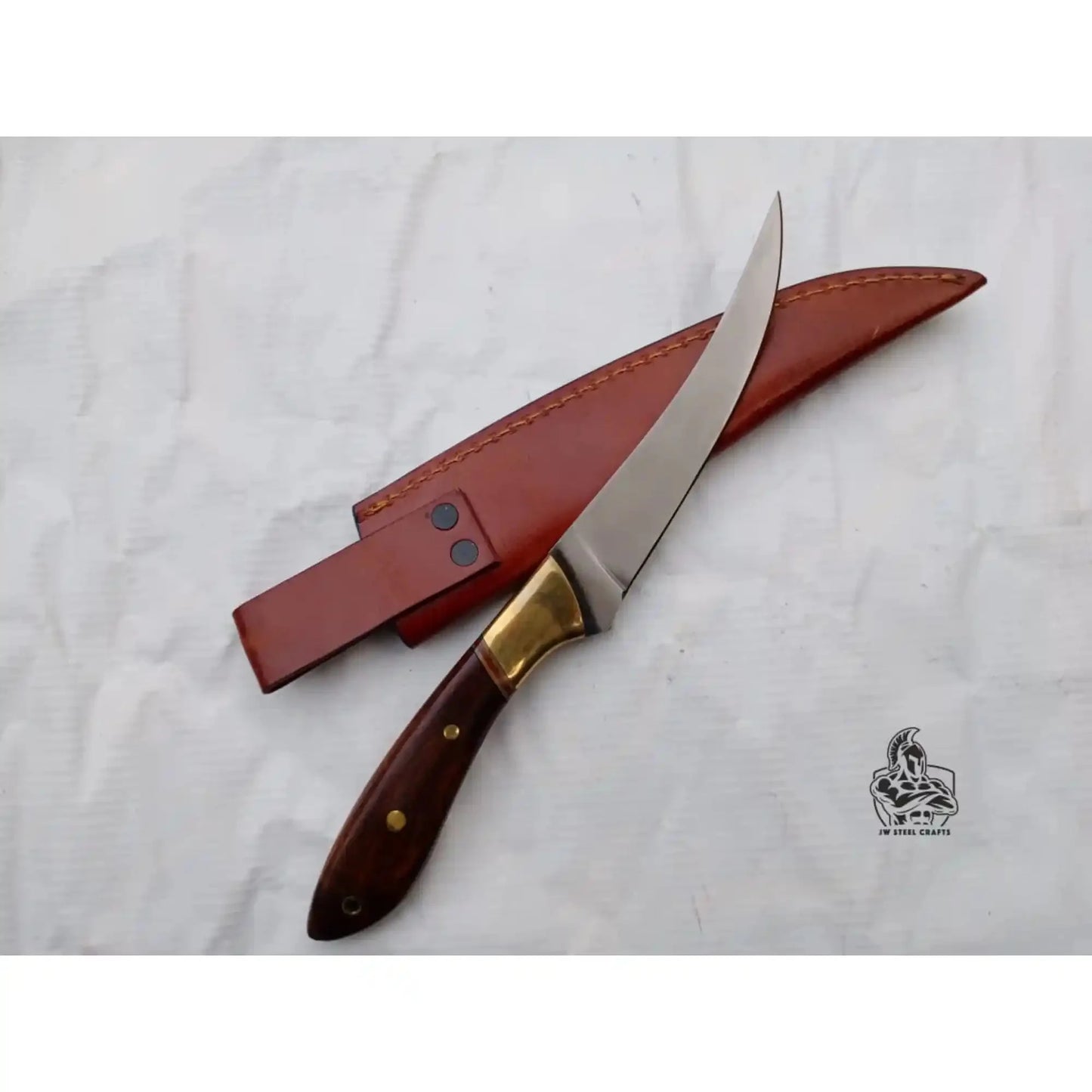 Handmade Fillet Knife – 11 Inch Overall, Curved Fish Filleting Blade with Rosewood Handle, Full Tang Fishing Knife with Leather Sheath, JW SteelCrafts