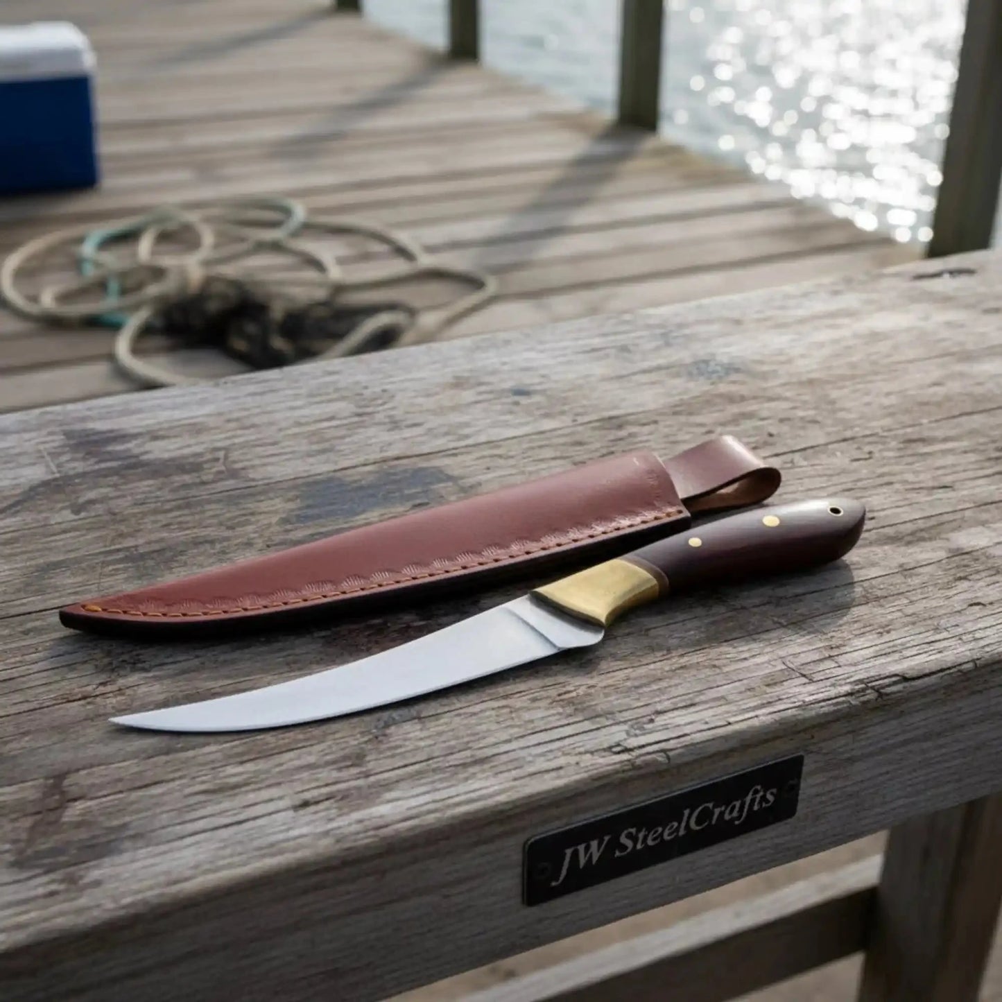 Handmade Fillet Knife – 11 Inch Overall, Curved Fish Filleting Blade with Rosewood Handle, Full Tang Fishing Knife with Leather Sheath, JW SteelCrafts