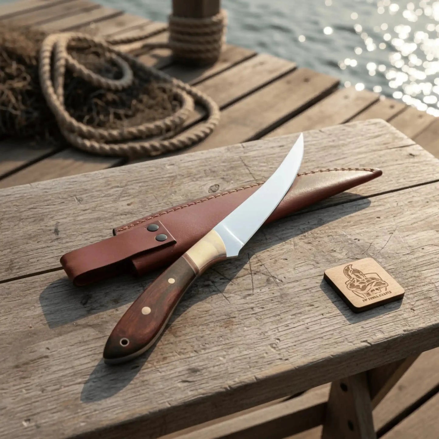 Handmade Fillet Knife – 11 Inch Overall, Curved Fish Filleting Blade with Rosewood Handle, Full Tang Fishing Knife with Leather Sheath, JW SteelCrafts