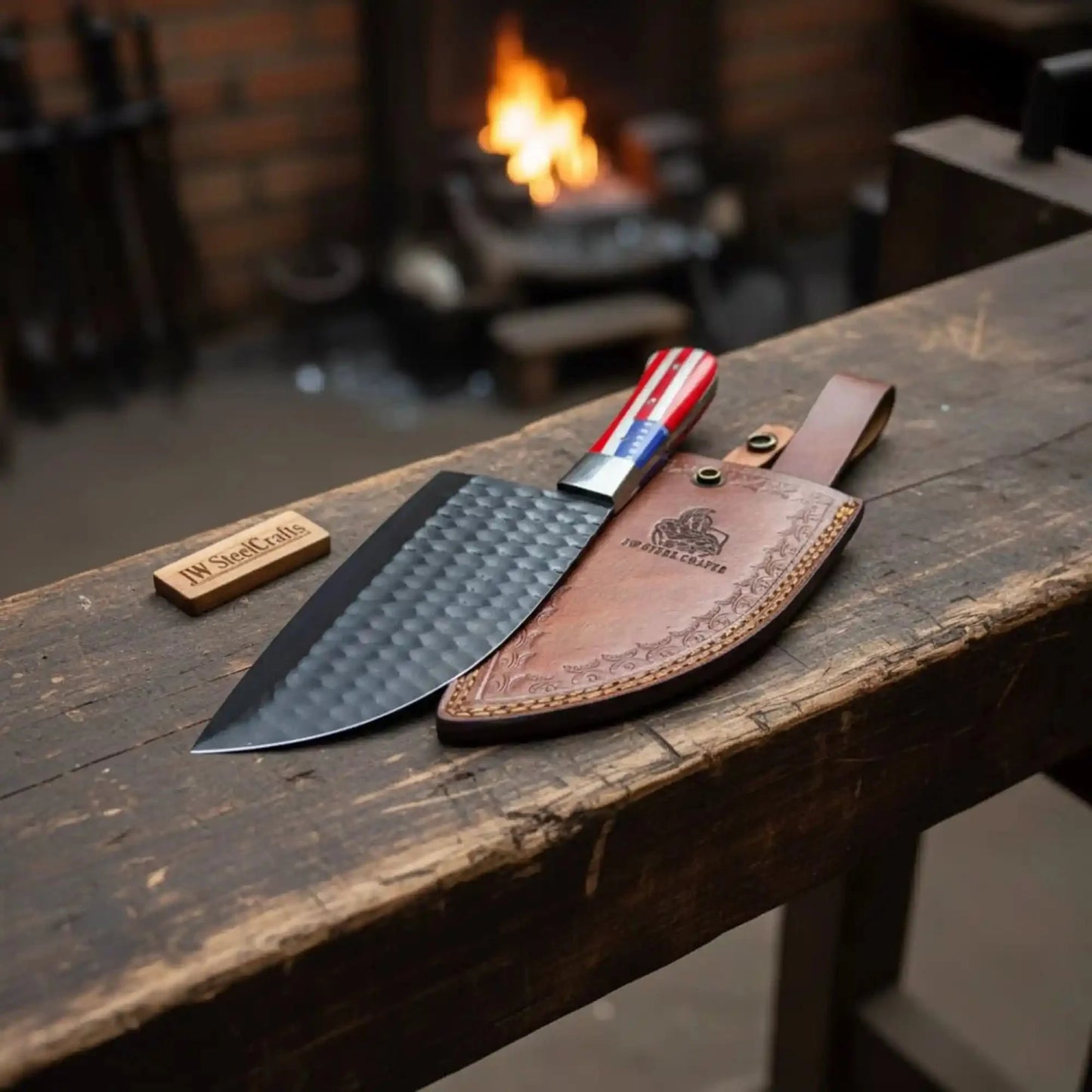 Ko-Santoku Damascus Steel Knife, Compact Japanese Santoku Kitchen Knife, Hammered Finish Blade, USA Flag Resin Handle, Handmade Prep Knife JW SteelCrafts