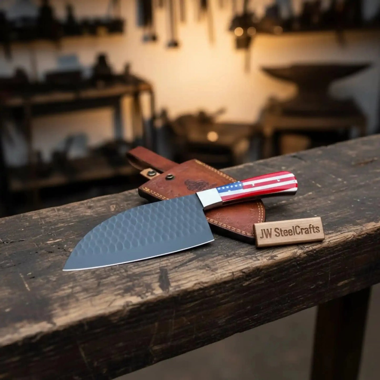 Ko-Santoku Damascus Steel Knife, Compact Japanese Santoku Kitchen Knife, Hammered Finish Blade, USA Flag Resin Handle, Handmade Prep Knife JW SteelCrafts