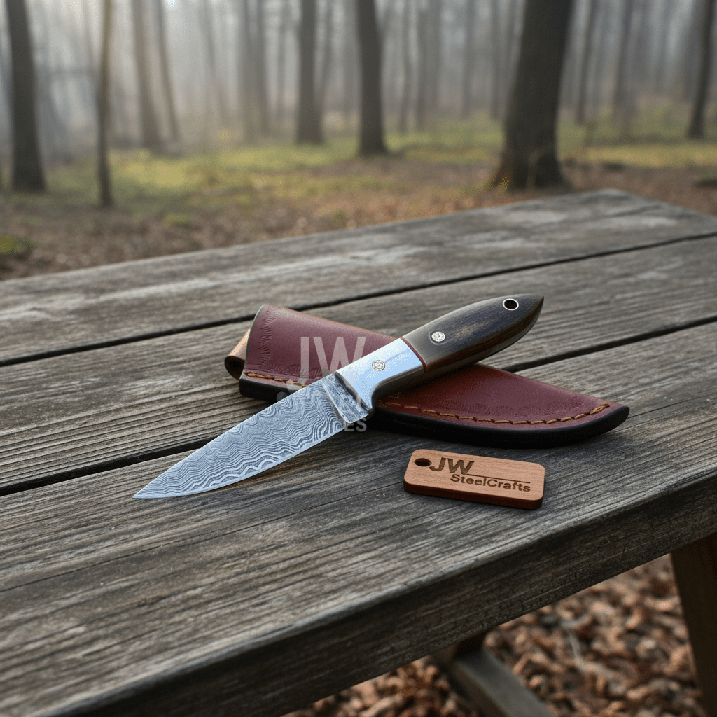 Small Damascus Utility Knife – Rosewood Handle With Leather Sheath