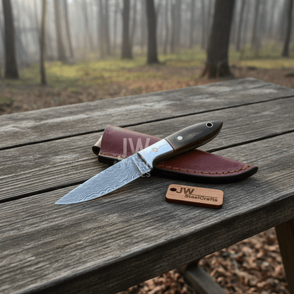 Small Damascus Utility Knife – Rosewood Handle With Leather Sheath