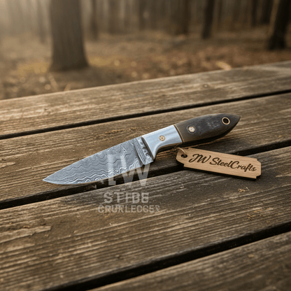 Small Damascus Utility Knife – Rosewood Handle With Leather Sheath