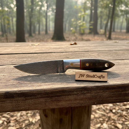 Small Damascus Utility Knife – Rosewood Handle With Leather Sheath