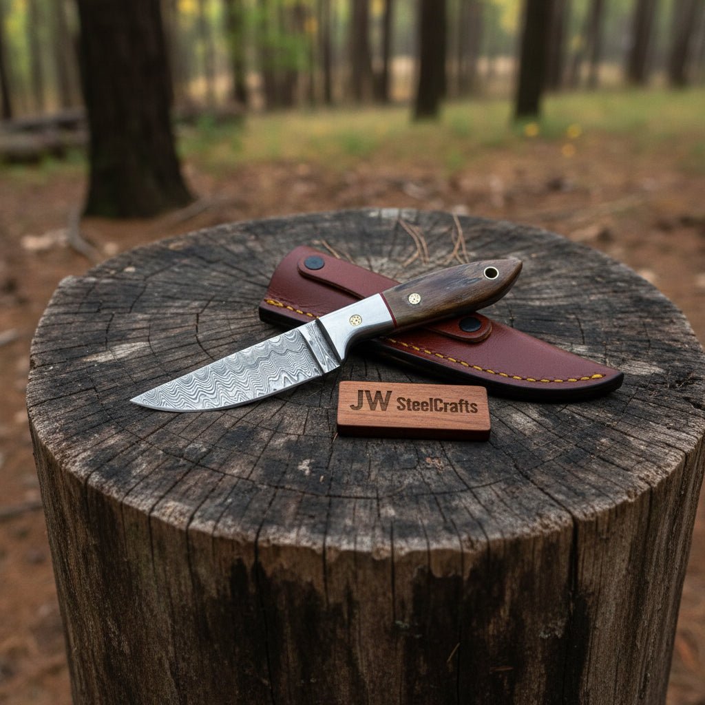 Small Damascus Utility Knife – Rosewood Handle With Leather Sheath