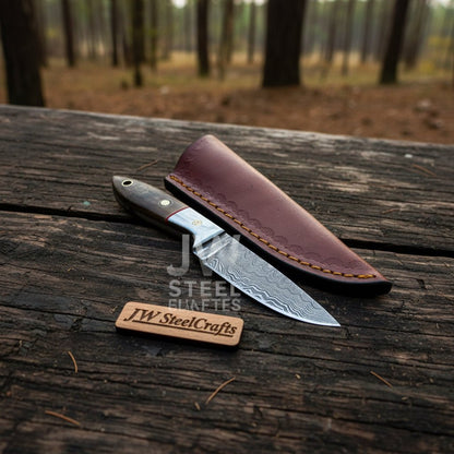 Small Damascus Utility Knife – Rosewood Handle With Leather Sheath