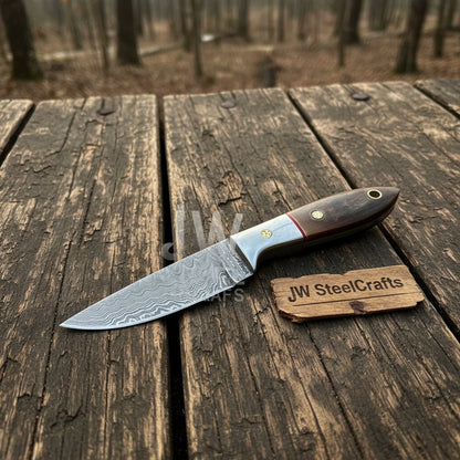 Small Damascus Utility Knife – Rosewood Handle With Leather Sheath
