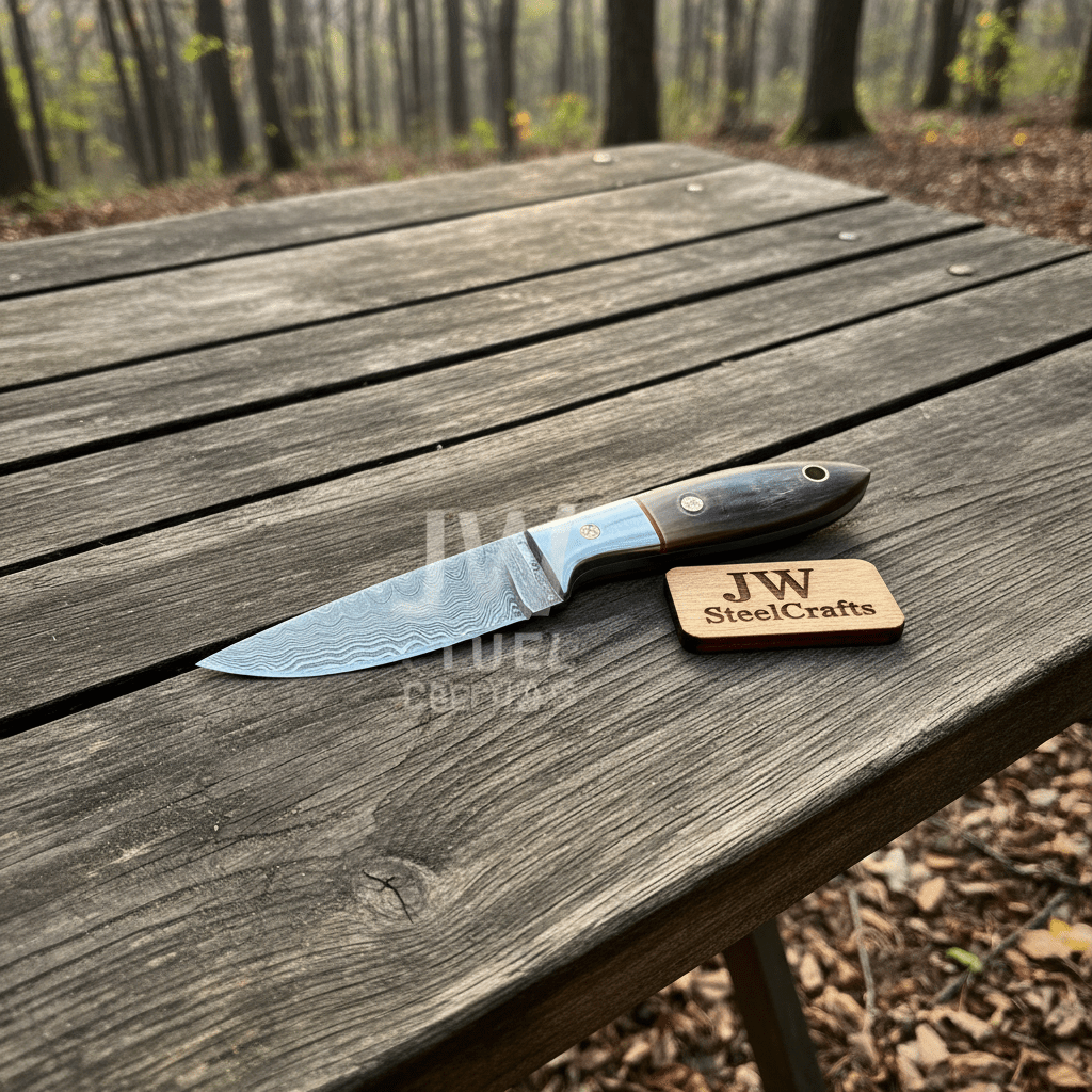 Small Damascus Utility Knife – Rosewood Handle With Leather Sheath