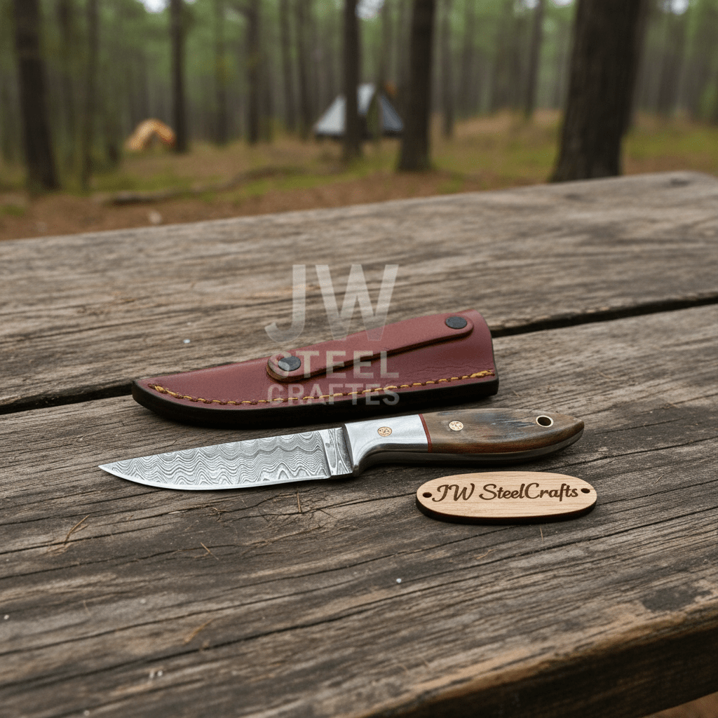 Small Damascus Utility Knife – Rosewood Handle With Leather Sheath