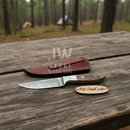 Small Damascus Utility Knife – Rosewood Handle With Leather Sheath