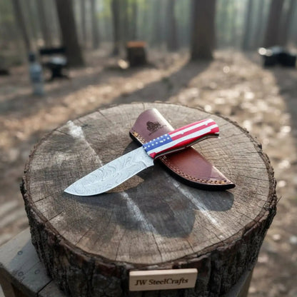 USA Handle Outdoor Knife – Handcrafted Damascus Steel Blade | Leather Sheath | JW SteelCrafts