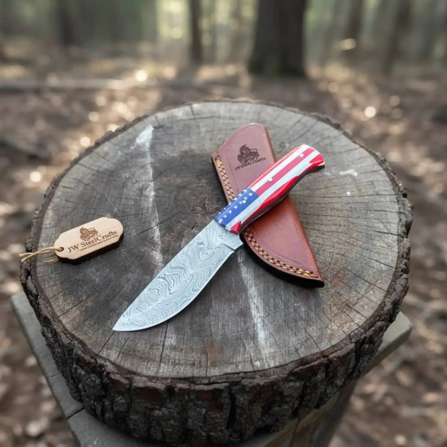 USA Handle Outdoor Knife – Handcrafted Damascus Steel Blade | Leather Sheath | JW SteelCrafts