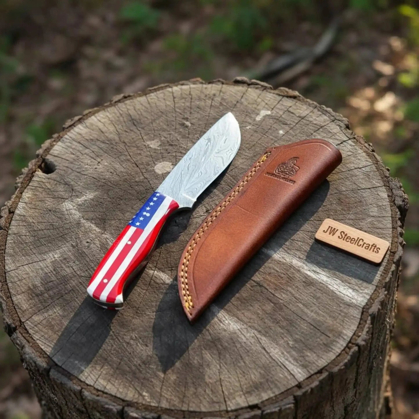 USA Handle Outdoor Knife – Handcrafted Damascus Steel Blade | Leather Sheath | JW SteelCrafts